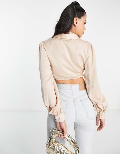 NaaNaa satin plunge neck cropped blouse in champagne