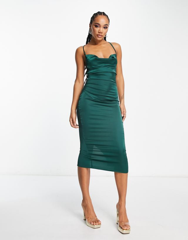 NaaNaa - satin slip midi dress with cowl front in emerald