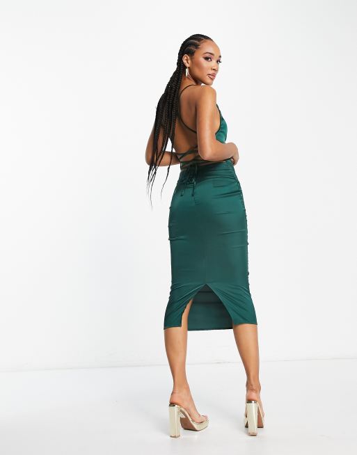 NaaNaa satin slip midi dress with cowl front in Emerald