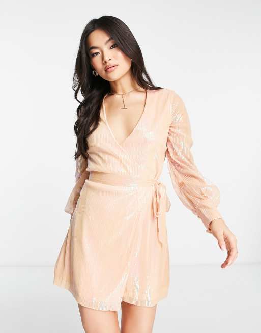 NaaNaa sequin long sleeve wrap mini dress in rose gold