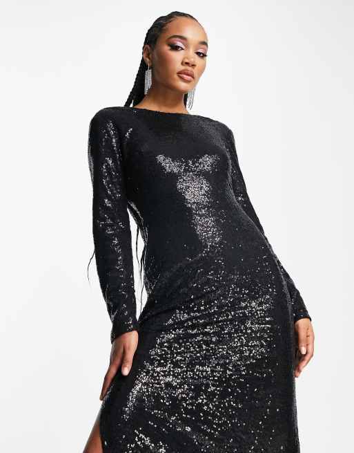 ASOS DESIGN puff sleeve satin sequin maxi dress in olive