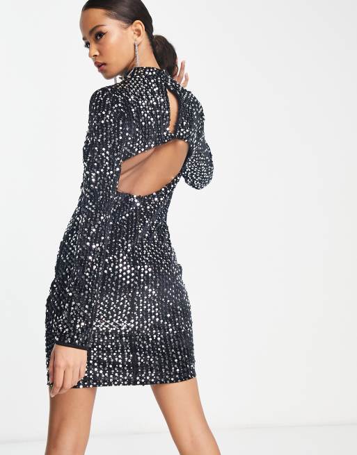 Freyana black sequin detail outlet long sleeve mini dress