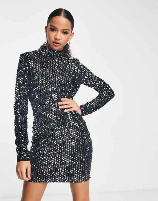 NaaNaa sequin mini dress with long sleeves in black