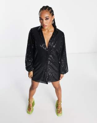 NaaNaa sequin mini shirt dress with long sleeves in black