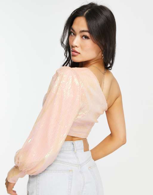 NaaNaa sequin one shoulder top in light pink