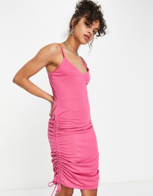 Naanaa Side Ruched Hot Pink Midi Dress