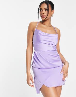 NaaNaa NaaNaa slit detail mini satin dress in purple