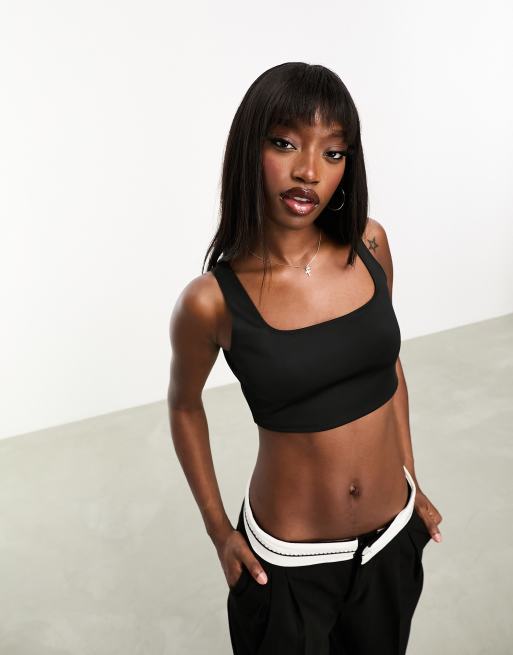 Basic Square Neck Crop Top, Black, Tops