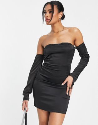NaaNaa strapless satin bodycon dress with sleeve detail in black