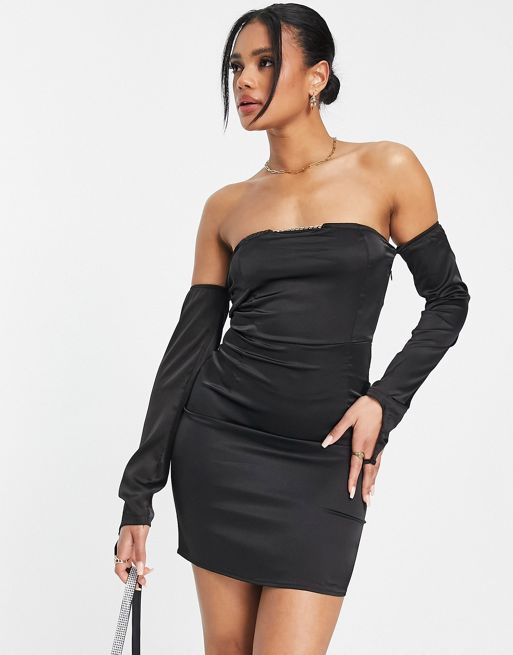 NaaNaa strapless satin bodycon dress with sleeve detail in black | ASOS