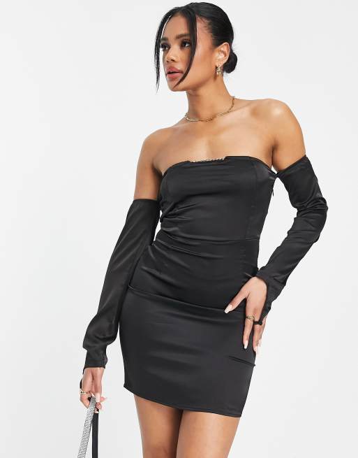 NaaNaa strapless satin bodycon dress with sleeve detail in black | ASOS