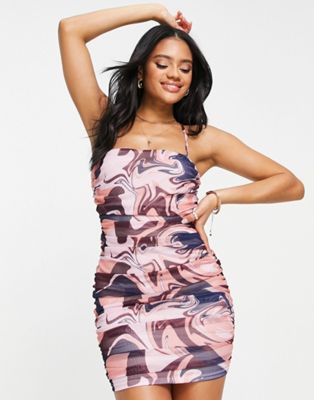 NaaNaa strappy cami bodycon dress in pink marble