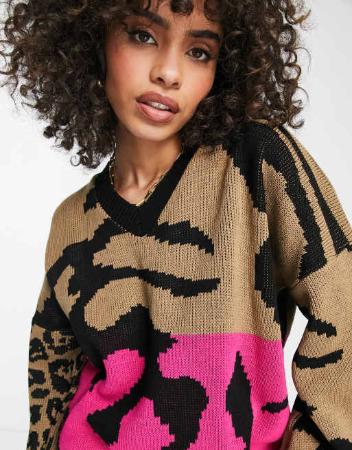 NaaNaa sweater in pink mixed animal print ASOS