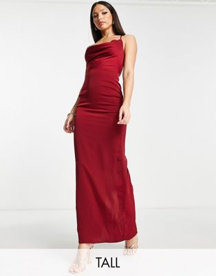 Naanaa Tall Cowl Neck Satin Prom Maxi Dress In Burgundy-red