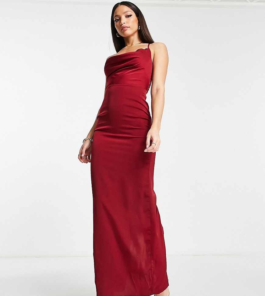 cowl neck satin prom maxi dress in burgundy-Red