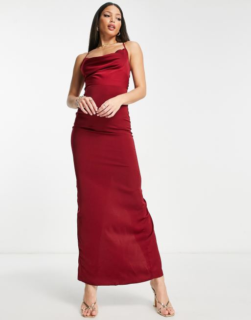 NaaNaa Tall cowl neck satin prom maxi dress in burgundy