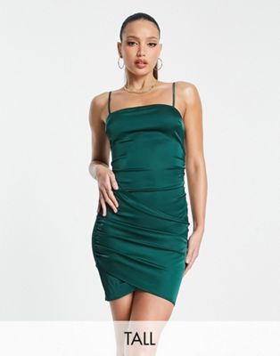 Naanaa Tall Crossover Satin Mini Dress In Emerald Green