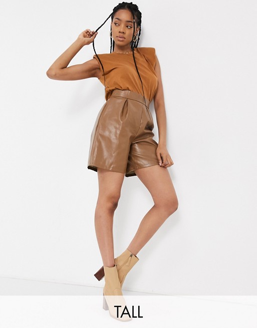 NaaNaa Tall faux leather bermuda shorts in tan