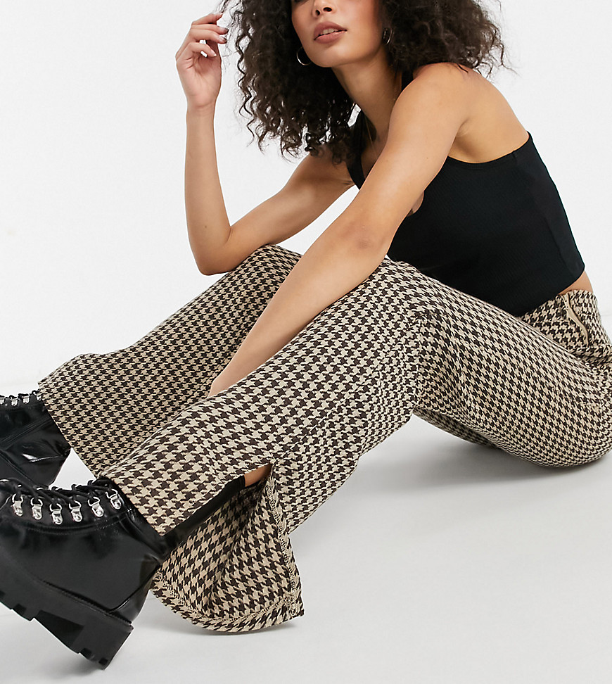 NaaNaa Tall high waisted split hem tailored trousers in brown dogtooth