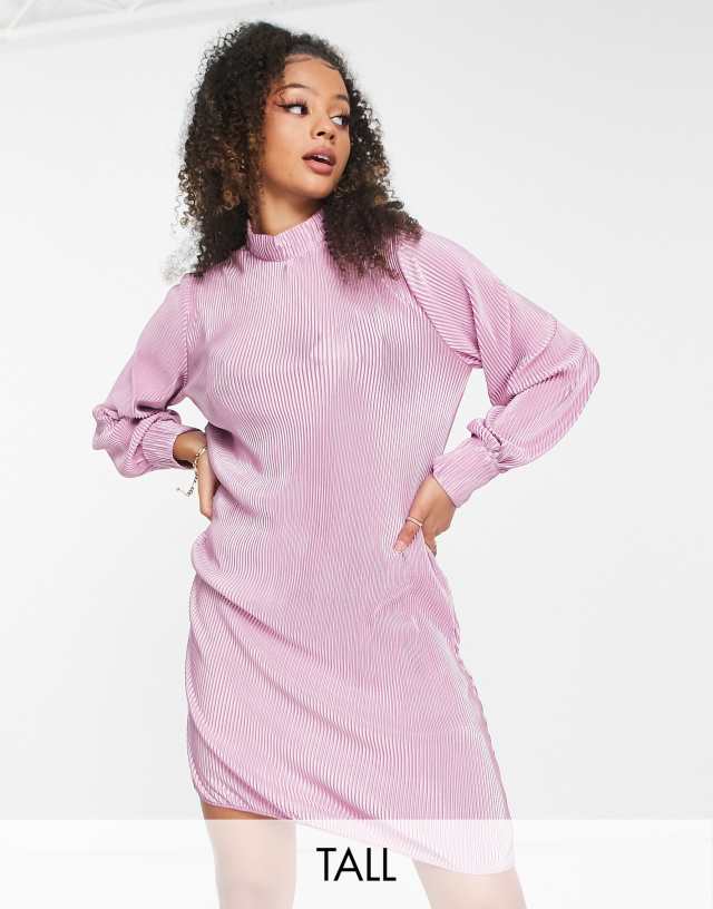 NaaNaa TALL plisse long sleeve smock dress in dusky mauve