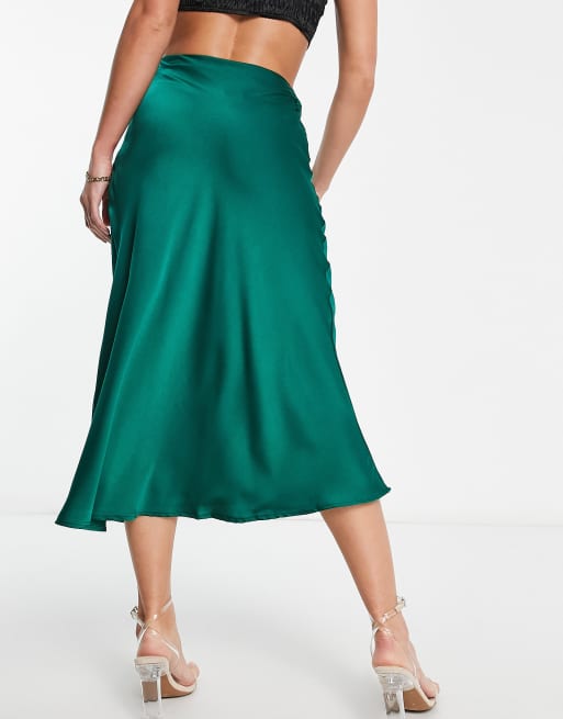 NaaNaa Tall satin bias midi skirt in emerald green, 2 of 4