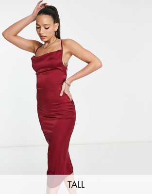 NaaNaa Tall satin slip midi dress with cowl front in burgundy-Red