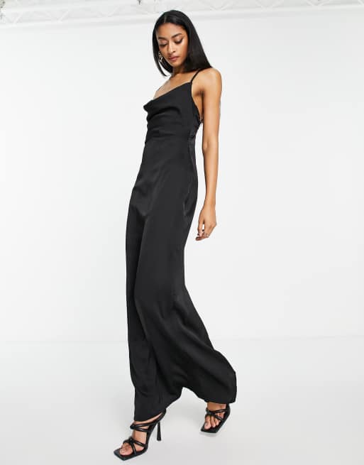 NaaNaa Tall - Vestito lungo in raso nero con scollo ad anello, 4 di 4