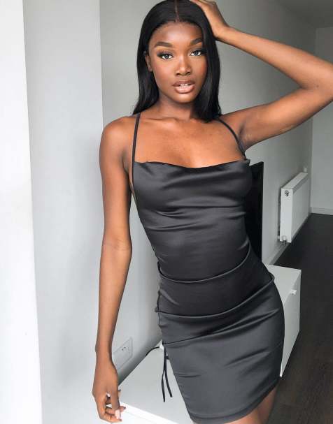 NaaNaa tie back satin mini dress in black - view 1