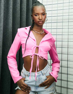 NaaNaa tie front cropped blazer in pink