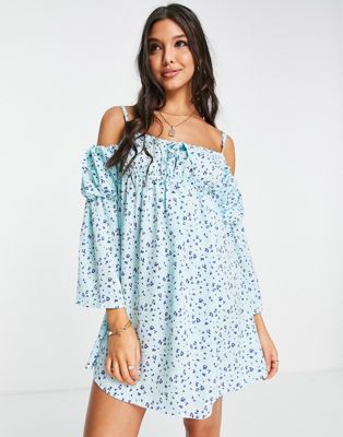 Naanaa Cold Shoulder Mini Dress In Blue Floral