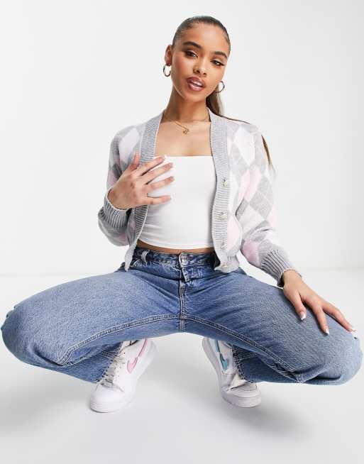 NaaNaa - Vest met argyle motief in grijs met roze