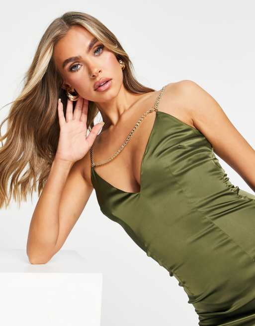 NaaNaa - Vestito corto con scollo profondo in raso kaki, 2 di 4