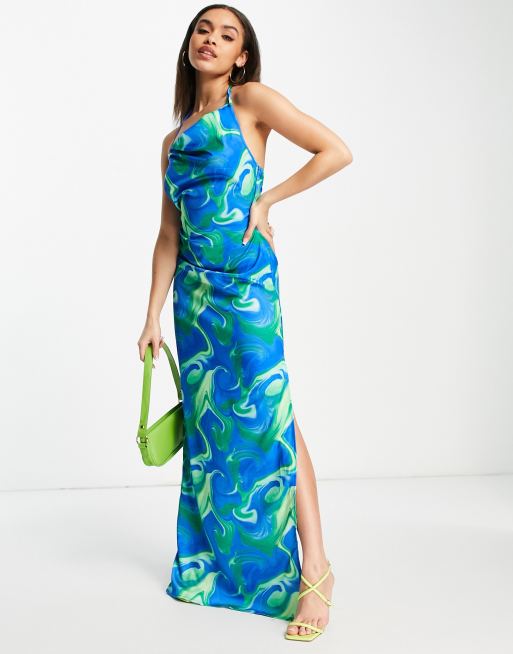 NaaNaa - Vestito lungo blu e verde in raso con dettaglio sul retro con stampa astratta