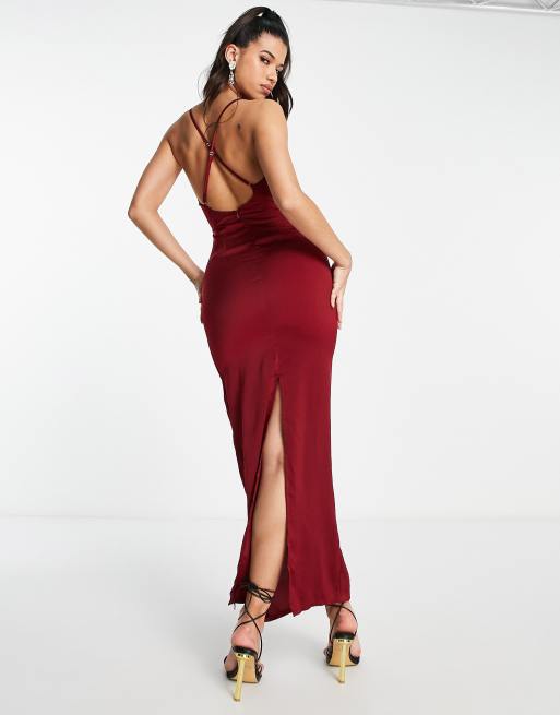 NaaNaa - Vestito lungo in raso bordeaux con scollo ad anello, 2 di 4
