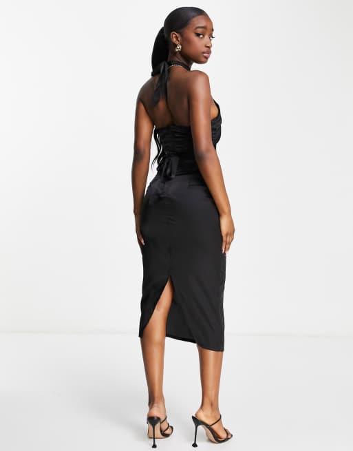 NaaNaa - Vestito midi allacciato al collo in raso con incrocio, colore nero, 2 di 4