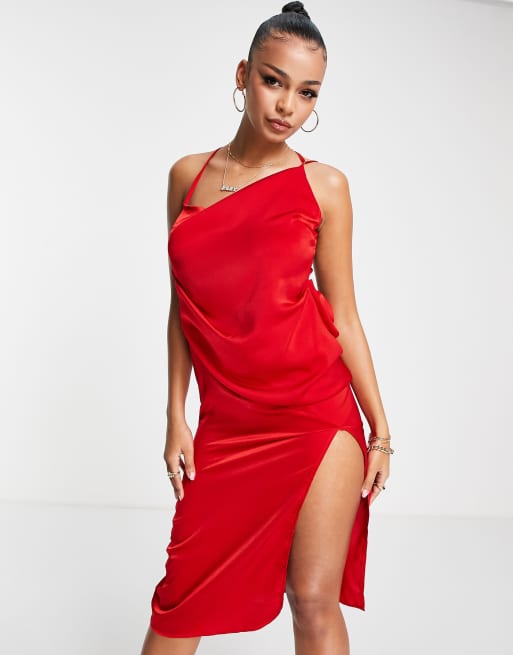 NaaNaa - Vestito midi in raso rosso con dettaglio sul retro