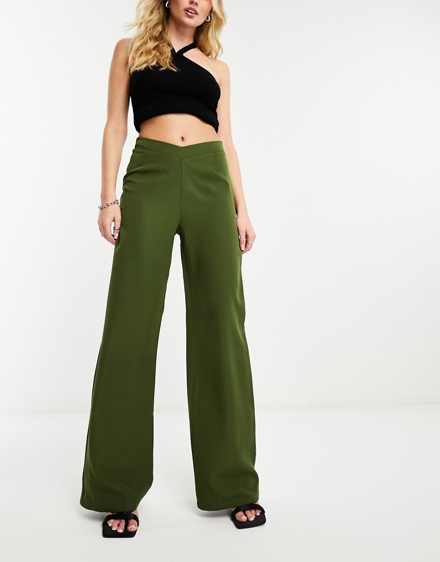 NaaNaa wide leg trousers with v-waist detail in khaki-Green
