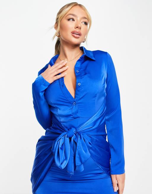 Blue satin cheap shirt dress