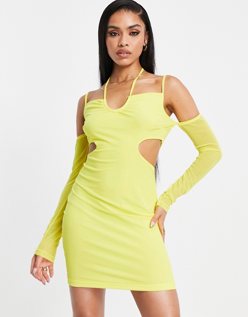 Naanaa Yellow Mini Dress With Cut Out Detail And Sleeves