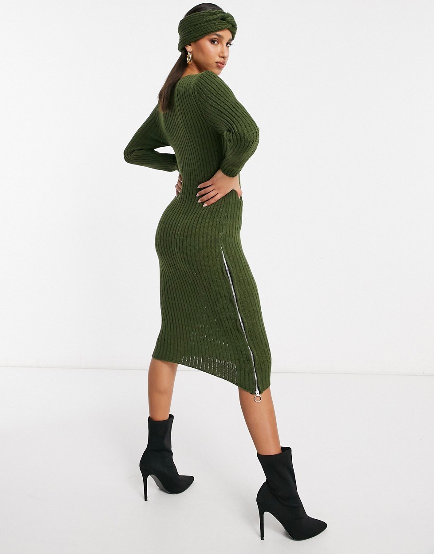 NaaNaa zip side slit midi sweater dress with matching headband in khaki-Green