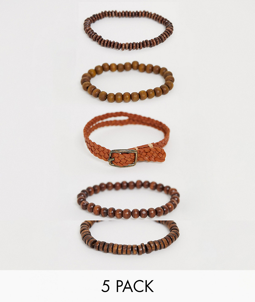 фото Набор браслетов с кожей и бусинами asos design-светло-коричневый