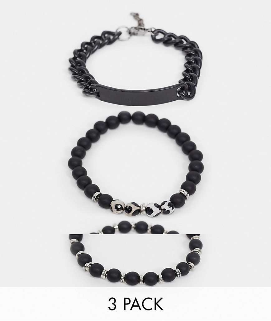фото Набор черных браслетов с агатом, бусинами и звеньями asos design-черный цвет