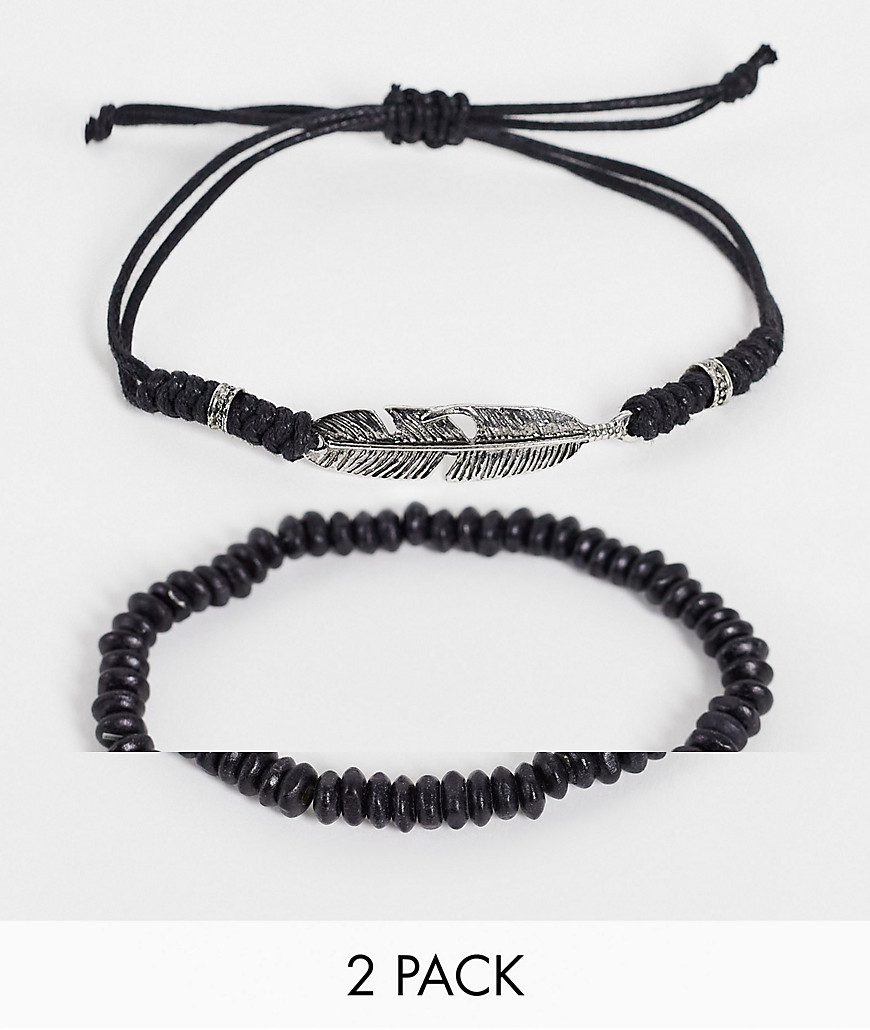 фото Набор из 2 черных браслетов (браслет-шнурок и браслет с бусинами) с декоративной вставкой asos design-черный цвет