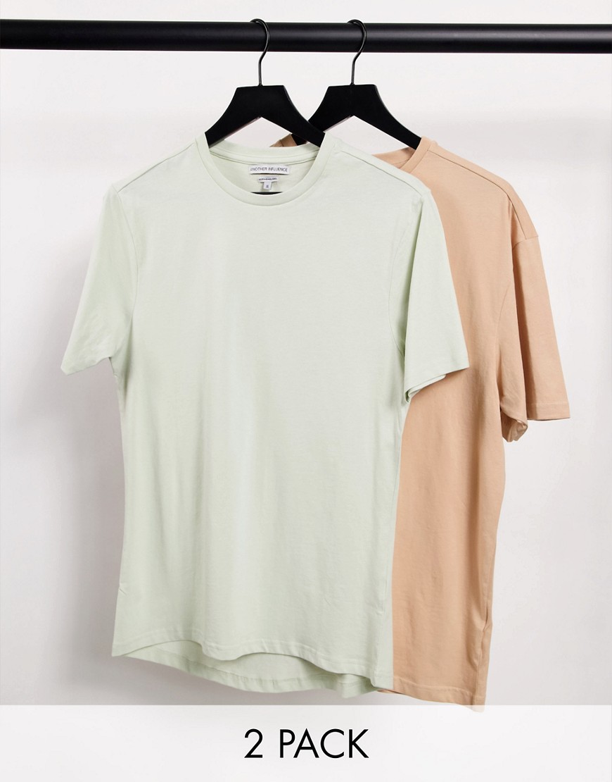 фото Набор из 2 облегающих футболок светло-бежевого и шалфейно-зеленого цвета another influence-многоцветный