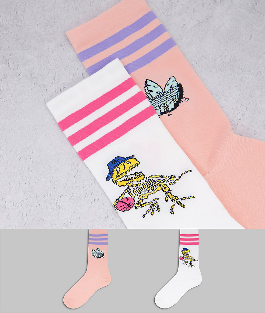 фото Набор из 2 пар носков с графическим принтом динозавров в белом и розовом цвете adidas originals-multi