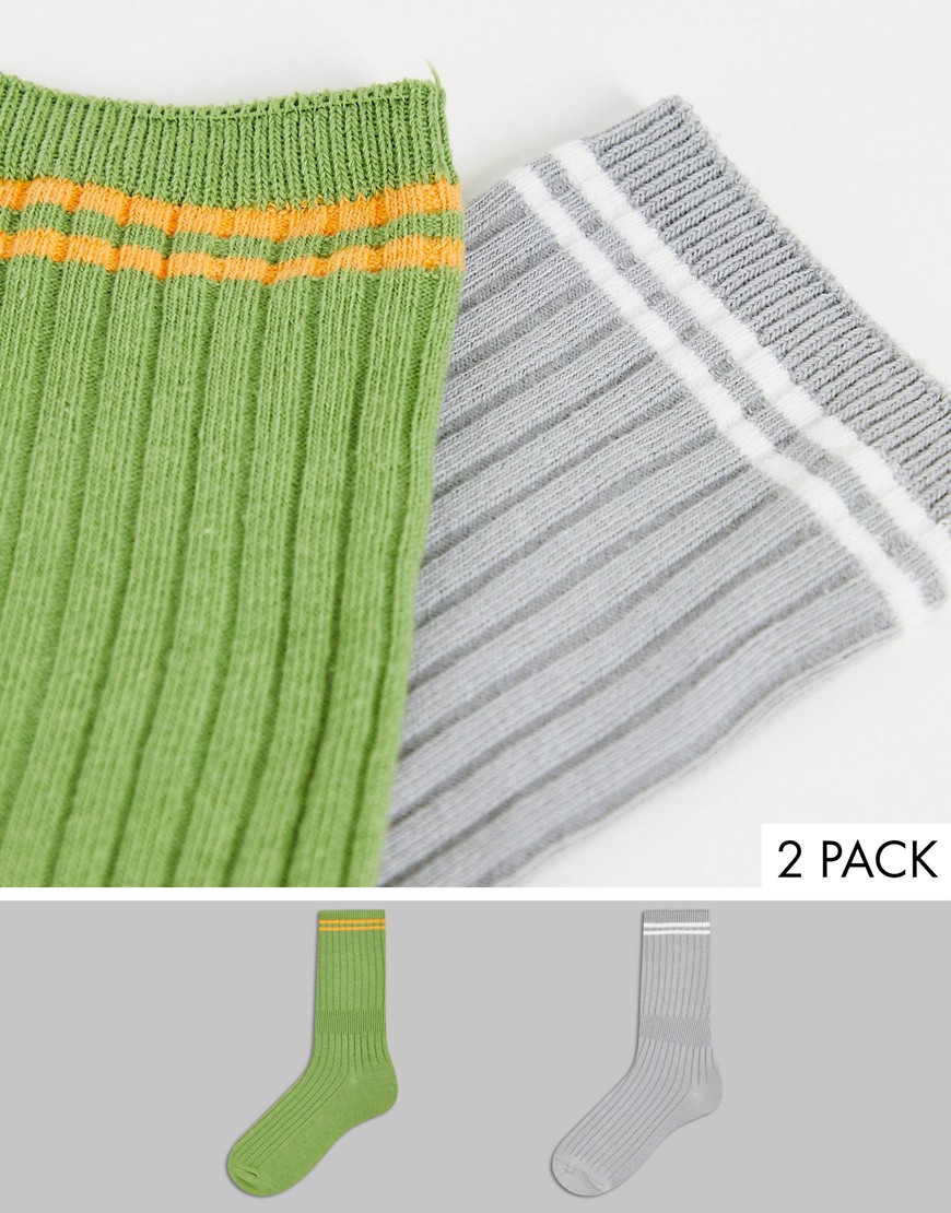 фото Набор из 2 пар носков в полоску высотой до щиколотки серого и зеленого цветов topshop-разноцветный