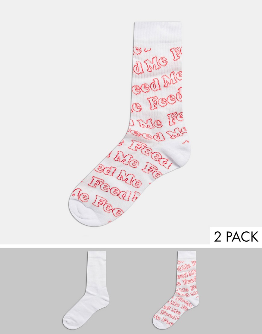 фото Набор из 2 пар спортивных носков с вышивкой "feed me" asos design-белый