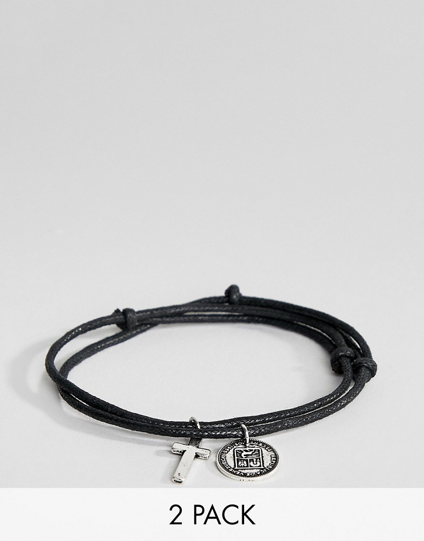 фото Набор из 2 плетеных браслетов с подвесками в виде монеты и крестика asos design-черный