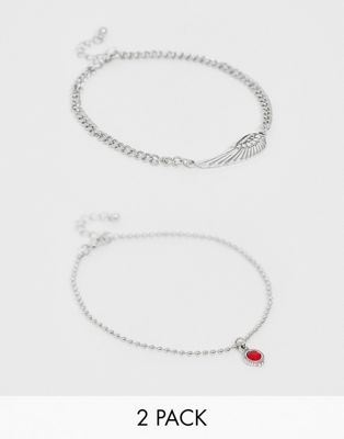 фото Набор из 2 серебристых браслетов на ногу с элементом в виде крыла и подвеской с красным кристаллом asos design-серебряный