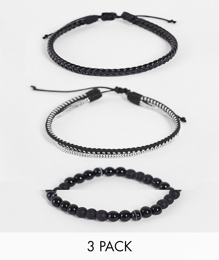 фото Набор из 3 черных браслетов из шнурка и бусин asos design-черный цвет